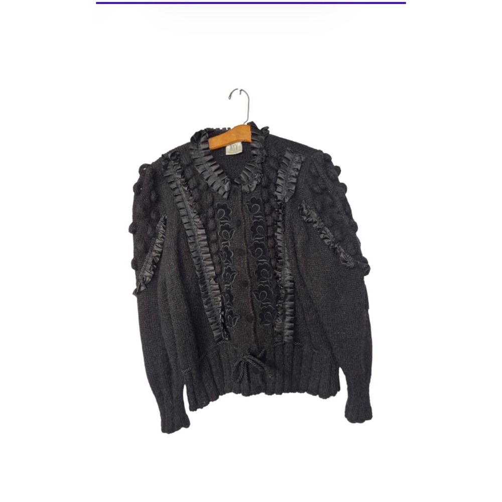 Madeleine Italy Black Kid Mohair Ruffle Satin Trim Embroidered Cardigan 40/42 M - Picture 1 of 5